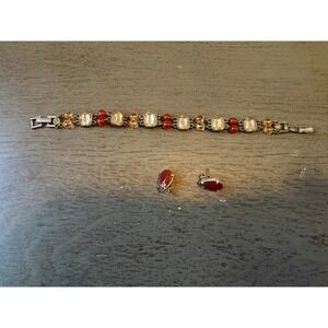 Vintage Avon Silver Tone Red Amber Crystal Link Bracelet and Stud Earring Set